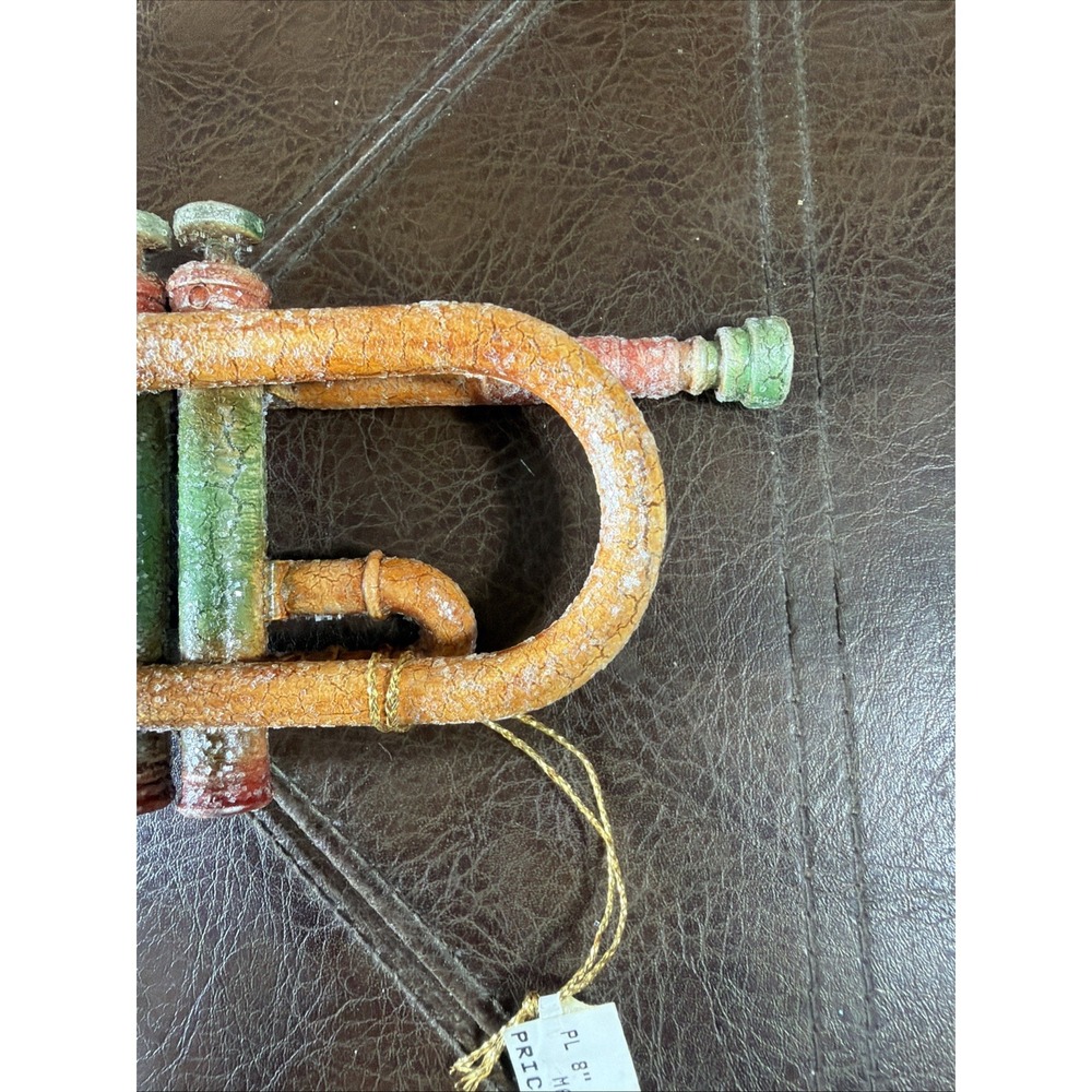 Vintage Style Glitter Trumpet Christmas Ornament Patina Orange Green Musical - Picture 5 of 13